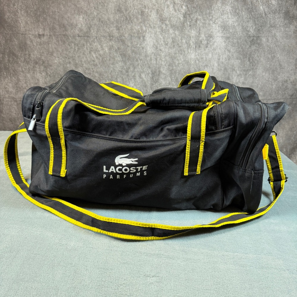 Lacoste Parfums Duffel Bag Black Yellow Canvas Gym Travel Weekend Sport Bag